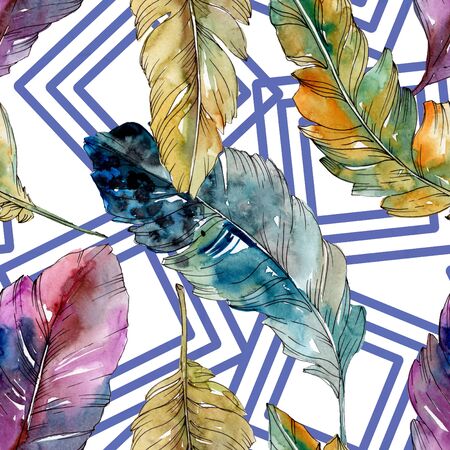 Colorful bird feather from wing isolated.  background illustration set. Watercolour drawing fashion aquarelle isolated. Seamless background pattern. Fabric wallpaper print texture.の写真素材