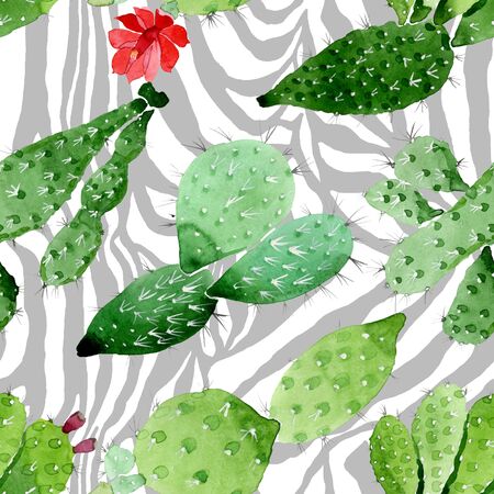 Green cactus floral botanical flowers. Wild spring leaf wildflower.  illustration set. Watercolour drawing fashion aquarelle. Seamless background pattern. Fabric wallpaper print texture.の写真素材