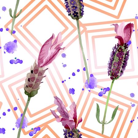 Purple lavender floral botanical flowers. Wild spring leaf wildflower.  illustration set. Watercolour drawing fashion aquarelle. Seamless background pattern. Fabric wallpaper print texture.の写真素材