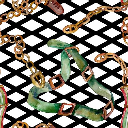 Chain and leather belt sketch fashion glamour illustration in a  style. Clothes accessories set trendy vogue outfit. Watercolour drawing fashion aquarelle. Seamless background pattern.の写真素材