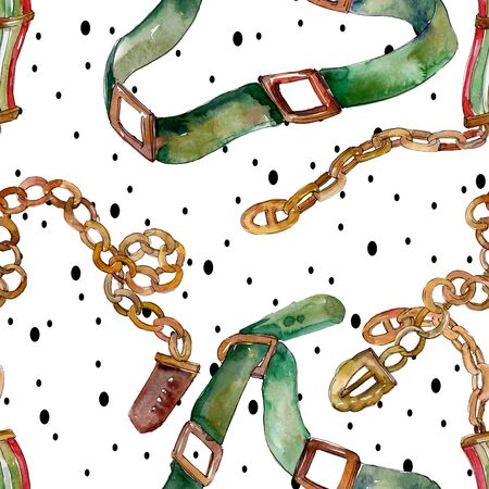 Chain and leather belt sketch fashion glamour illustration in a  style. Clothes accessories set trendy vogue outfit. Watercolour drawing fashion aquarelle. Seamless background pattern.の写真素材