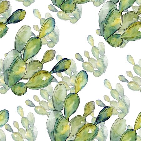 Green cactus floral botanical flowers. Wild spring leaf wildflower.  illustration set. Watercolour drawing fashion aquarelle. Seamless background pattern. Fabric wallpaper print texture.の写真素材