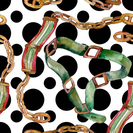 Chain and leather belt sketch fashion glamour illustration in a  style. Clothes accessories set trendy vogue outfit. Watercolour drawing fashion aquarelle. Seamless background pattern.の写真素材