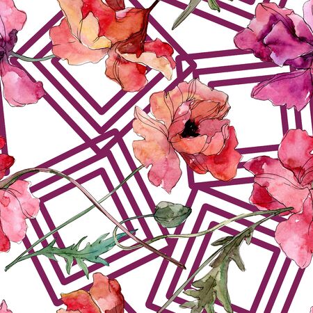 Poppy floral botanical flower. Wild spring leaf wildflower.  illustration set. Watercolour drawing fashion aquarelle. Seamless background pattern. Fabric wallpaper print texture.の写真素材