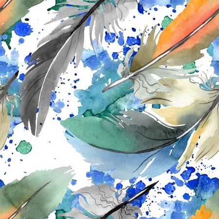 Colorful bird feather from wing isolated.  background illustration set. Watercolour drawing fashion aquarelle isolated. Seamless background pattern. Fabric wallpaper print texture.の写真素材