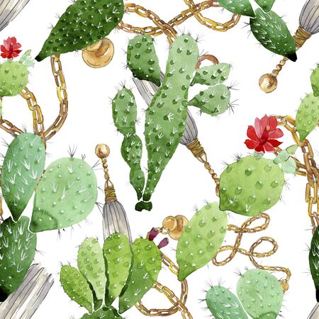 Green cactus floral botanical flowers. Wild spring leaf wildflower.  illustration set. Watercolour drawing fashion aquarelle. Seamless background pattern. Fabric wallpaper print texture.の写真素材