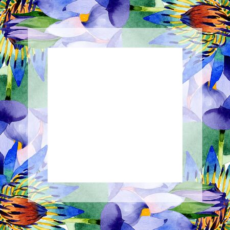 Blue lotus floral botanical flowers. Wild spring leaf wildflower isolated.  background illustration set. Watercolour drawing fashion aquarelle isolated. Frame border ornament square.の写真素材