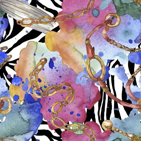 Golden chains sketch glamour illustration in a  style element. Clothes accessories aqurelle set trendy vogue outfit. Watercolour seamless background pattern. Fabric wallpaper print texture.の写真素材