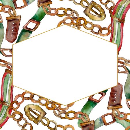 Chain and leather belt sketch fashion illustration in a  style background. Clothes accessories set trendy vogue outfit. Watercolour drawing fashion aquarelle. Frame border ornament square.の写真素材