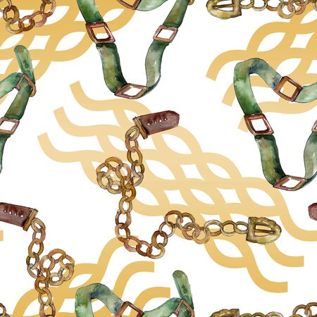 Chain and leather belt sketch fashion glamour illustration in a  style. Clothes accessories set trendy vogue outfit. Watercolour drawing fashion aquarelle. Seamless background pattern.の写真素材
