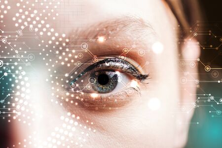 close up view of human eye with data illustration, robotic concept