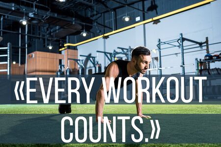 handsome athletic man doing plank exercise on grass with every workout counts illustration