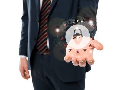 cropped view of young man in formal wear holding virtual padlock with gdpr lettering isolated on whiteの写真素材