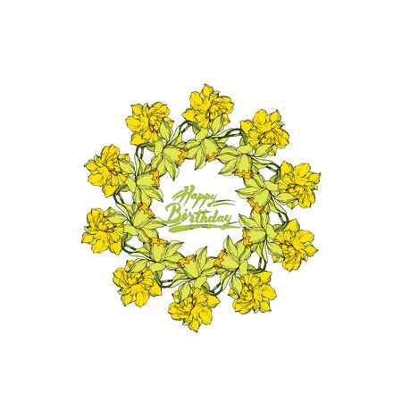 Vector Narcissus floral botanical flowers. Wild spring leaf wildflower isolated. Black and white engraved ink art. Frame border ornament square on white background.のイラスト素材