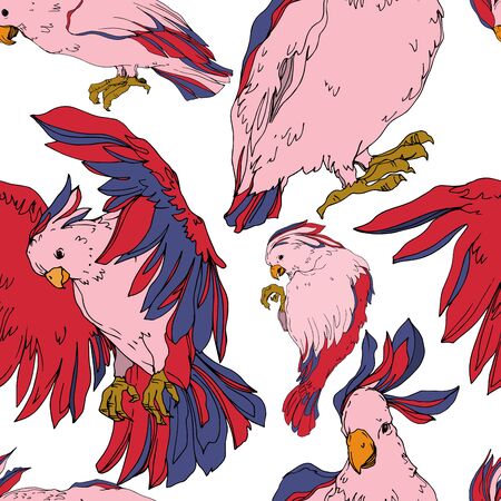 Vector Sky bird cockatoo in a wildlife isolated. Wild freedom, bird with a flying wings. Black and white engraved ink art. Seamless background pattern. Fabric wallpaper print texture.のイラスト素材