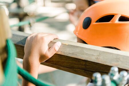 cropped view of african american boy in helmetの写真素材