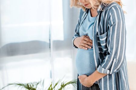 cropped view of pregnant woman touching belly at homeの写真素材
