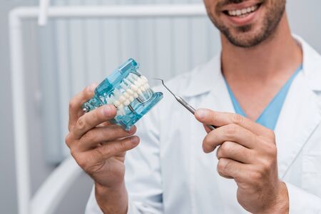 cropped view of cheerful dentist holding dental instrument and tooth model in hands