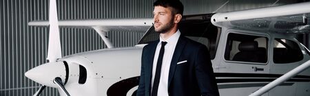 panoramic shot of confident businessman in formal wear standing near plane and looking away