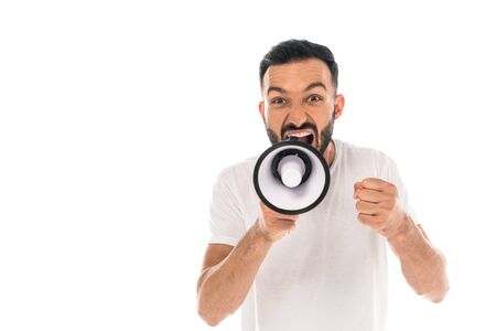 angry man with clenched fist screaming in megaphone isolated on whiteの写真素材