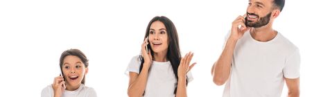 panoramic shot of happy family talking on smartphones isolated on white