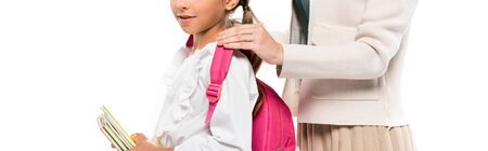 panoramic shot of mother touching shoulders happy daughter isolated on white