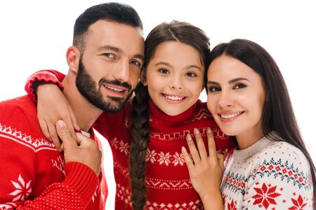 happy family in christmas sweaters smiling isolated on white