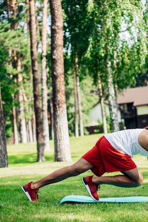cropped view of sportsman working out on fitness mat in parkの写真素材