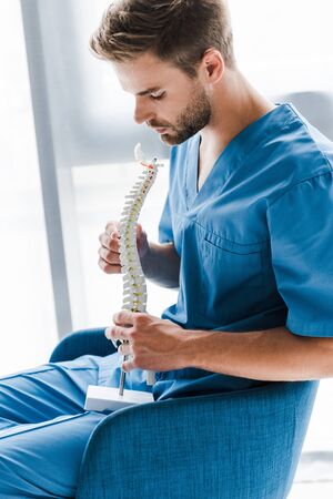 handsome bearded doctor looking at spine model while sitting in armchair