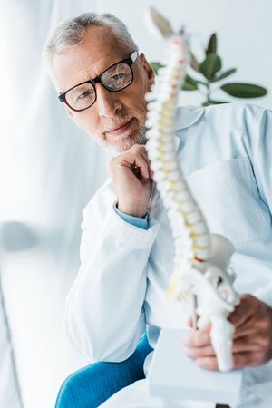 selective focus of happy doctor in white coat and glasses holding spine model in clinicの写真素材