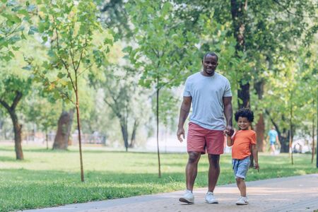 cheerful african american father and son holding hands while walking in parkの写真素材