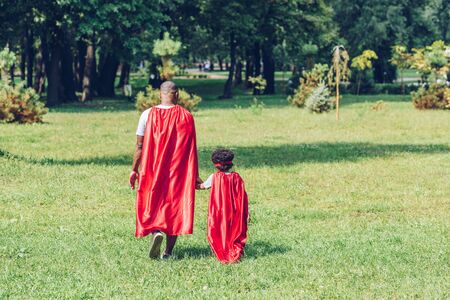 back view of african american father and son holding hands while walking in costumes of superheroes in parkの写真素材