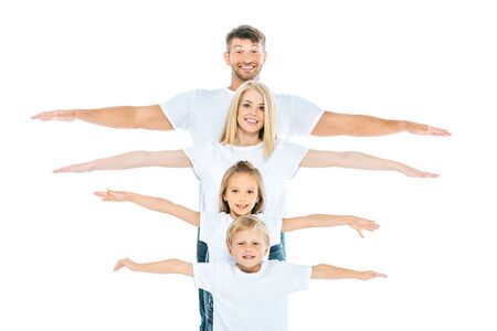 happy parents and kids with outstretched hands isolated on whiteの写真素材