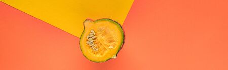top view of pumpkin on yellow and orange background with copy space, panoramic shotの写真素材