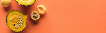 top view of yellow apricot and pumpkin on orange background with copy space, panoramic shotの写真素材