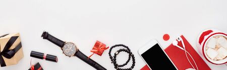 panoramic shot of coffee with marshmallow, smartphone, gift boxes, wristwatch, earphones, bracelets,...