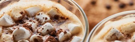 panoramic shot of cacao with marshmallow in mugsの写真素材