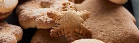 close up view of delicious baked Christmas cookies, panoramic shot