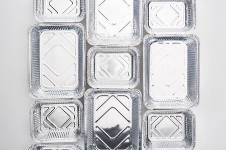 top view of empty eco packages on white backgroundの写真素材