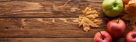panoramic shot of diverse apples on wooden surface with dried leaves