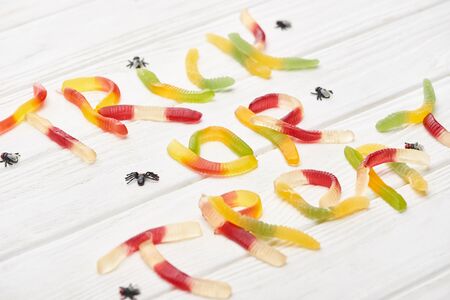 trick or treat lettering made of colorful gummy sweets on white wooden table with spiders, Halloween treatの写真素材