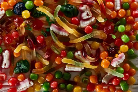 top view of delicious colorful gummy spooky Halloween sweetsの写真素材