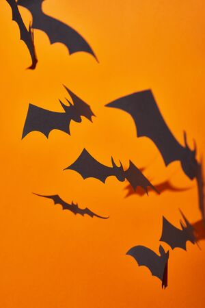 paper bats with shadow on orange background, Halloween decorationの写真素材