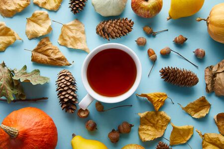 top view of mug with tea near autumnal decoration on blue backgroundの写真素材