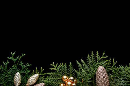 top view of shiny golden Christmas decoration, green thuja branches isolated on black with copy...