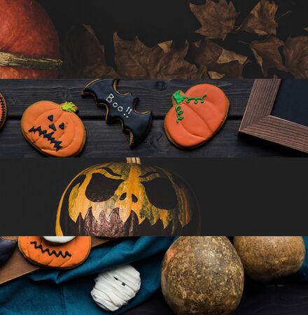 collage of traditional Halloween cookies, pumpkin and autumnal dry leavesの写真素材