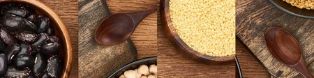 collage of different organic groats on wooden surfaceの写真素材