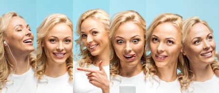 collage of blonde beautiful young woman showing various emotions isolated on blue