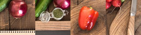 collage of bell pepper, red onion and cucumber on wooden brown table