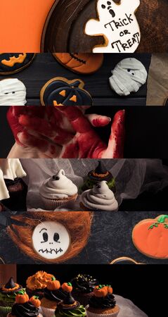 collage of traditional Halloween sweet treat and bloody hands
